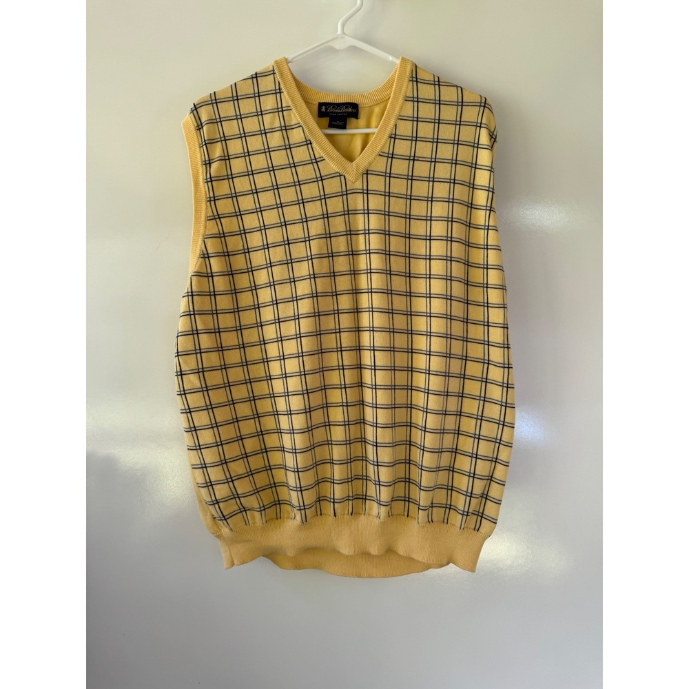 Brooks Brothers Mens XL Pima Cotton V-Neck Sweater Vest Yellow Windowpane Check